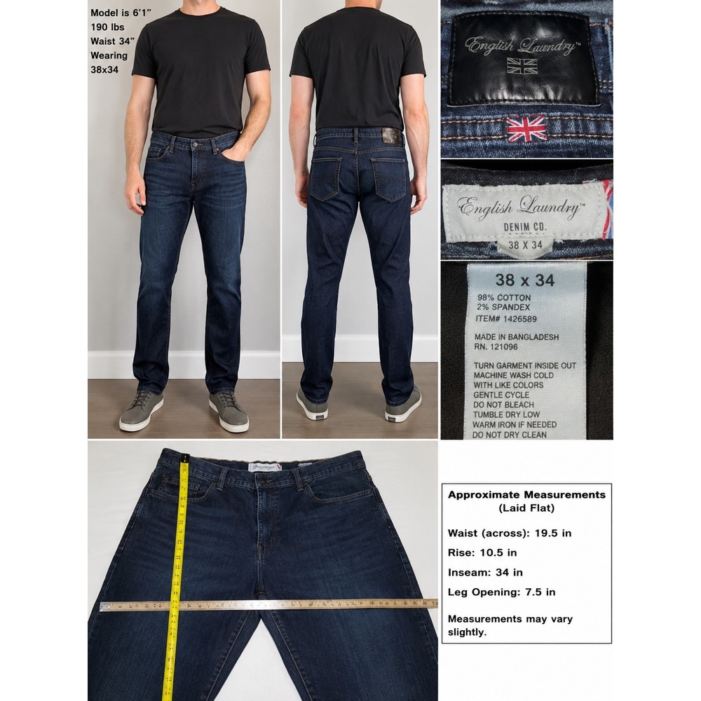 English Laundry Sutton Slim Straight Jeans Mens 38x34 Dark Wash Stretch Denim